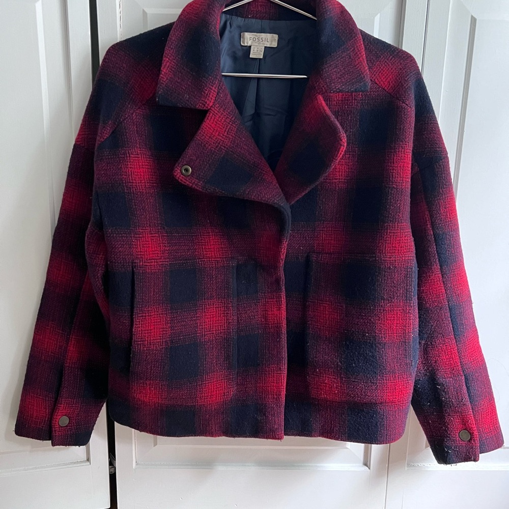Fossil Women's Red and Black Plaid Jacket Coat